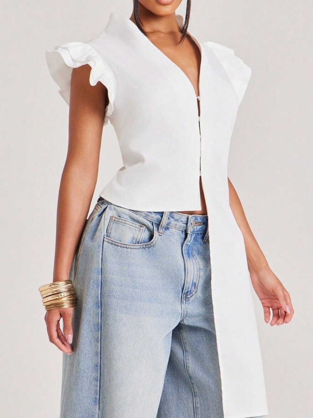 White Casual Women's Ruffle Asymmetrical Long Plain Regular Fit Top - Picture 6 of 7
